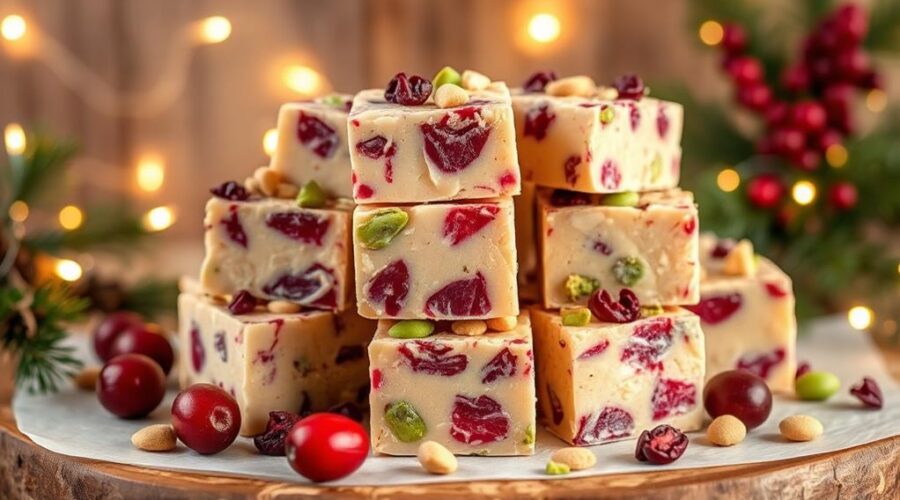 festive cranberry pistachio fudge